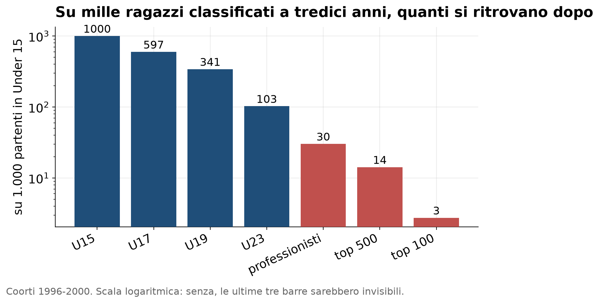 Imbuto a scalini da 1 000 classificati in Esordienti a 597 in Allievi, 341 in Juniores, 103 in Under 23 e 30 professionisti, in scala logaritmica.