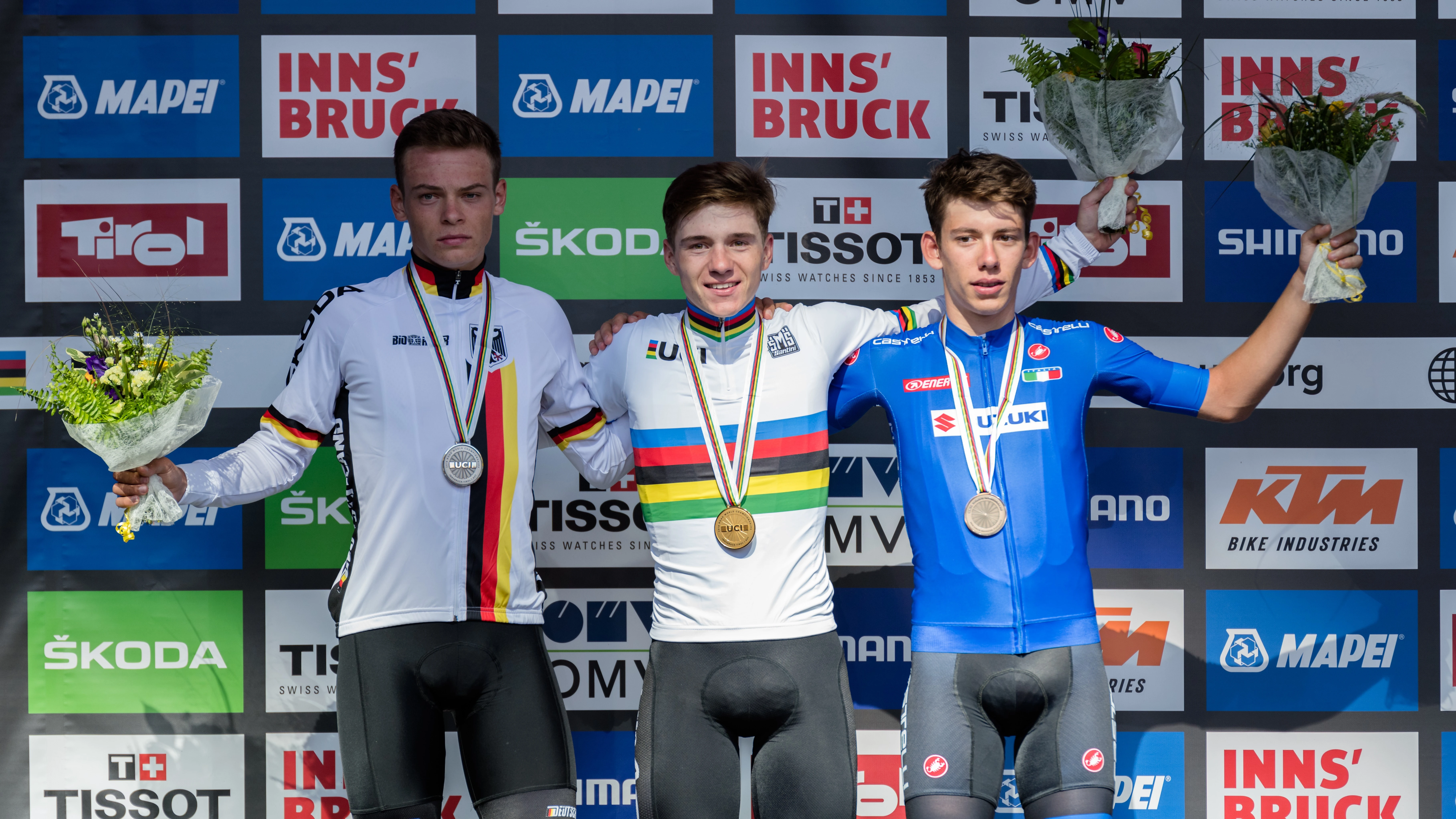 Cerimonia di premiazione della prova in linea Juniores maschile ai Mondiali UCI di Innsbruck 2018