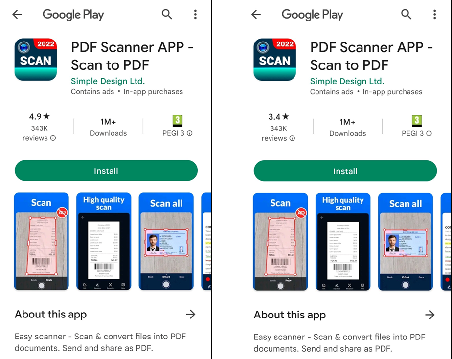 Figure A.1: Screenshot images of the app presentation page with variation in app reputation.