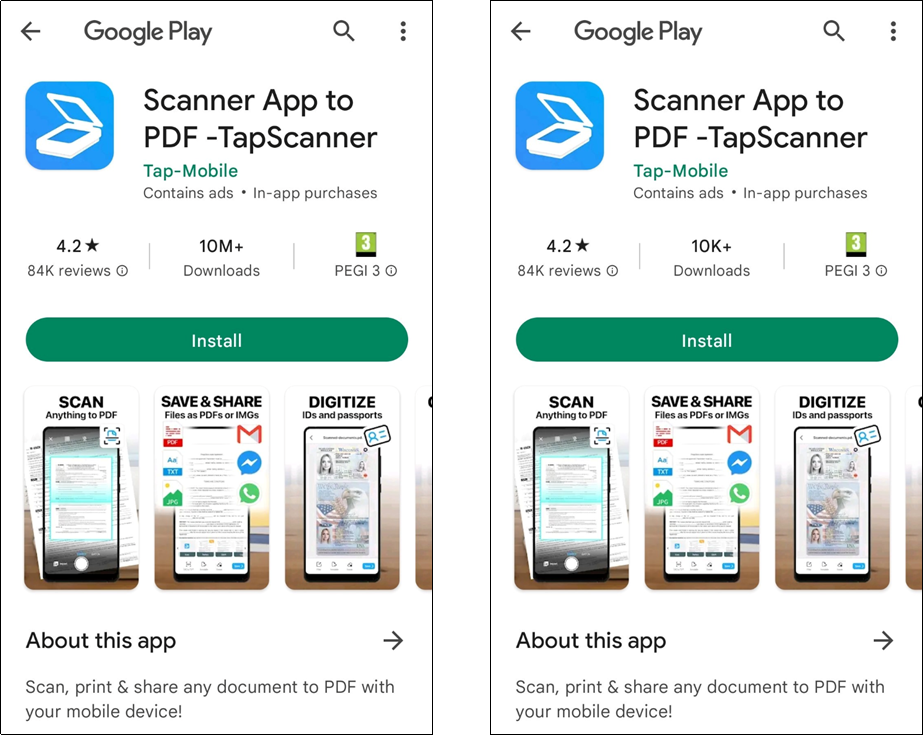 Figure A.2: Screenshot images of the app presentation page with variation in app popularity.